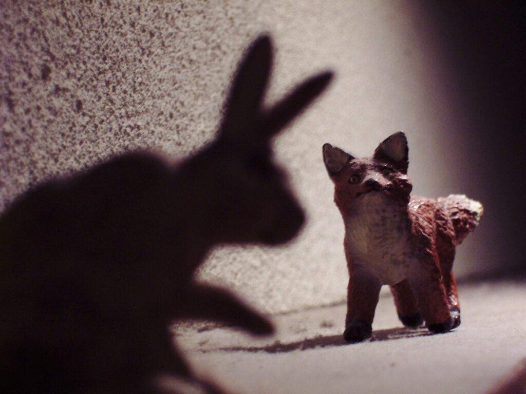 large shadow of rabbit looming over a small fox